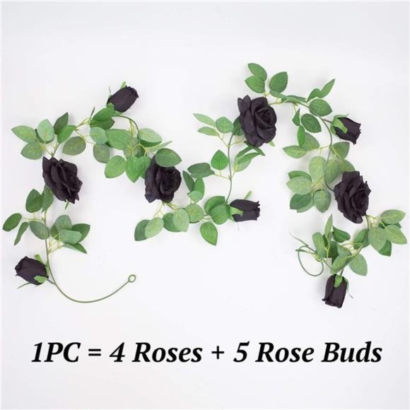 2 PCS 6.5 Ft. Artificial Black Rose Vine for Halloween Decor, Hanging Black - Picture 2 of 5